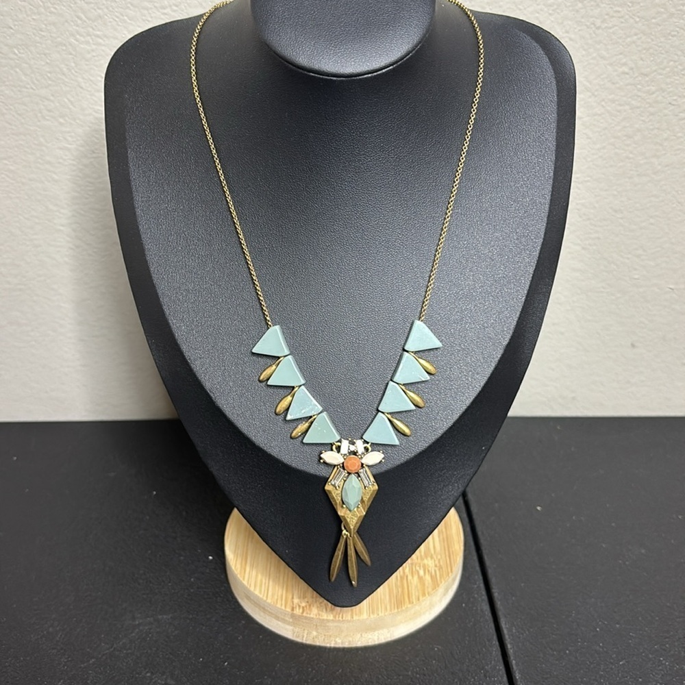 ELEGANT J.CREW GREEN ACRYLIC MULTICOLOR METAL ART DECO STYLE BIB NECKLACE